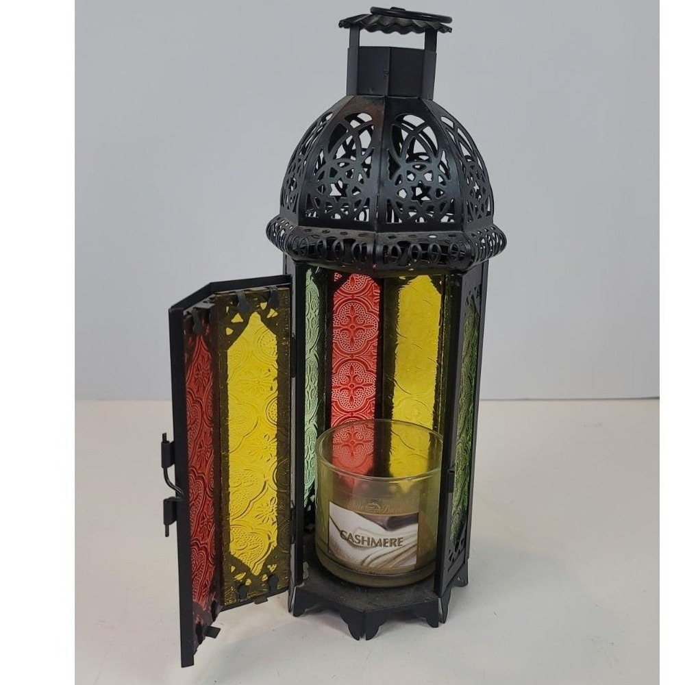 Moroccan Style Black Metal Multi Color Stained Glass Candle Lantern 11.5 Inch